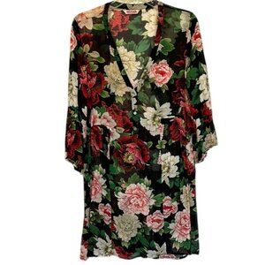 Elegant Sheer Black and Red Floral Dress